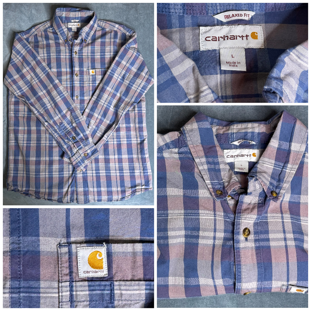 Carhartt Shirt Mens L Blue Plaid Shirt Button Down Long Sleeve Relaxed Fit